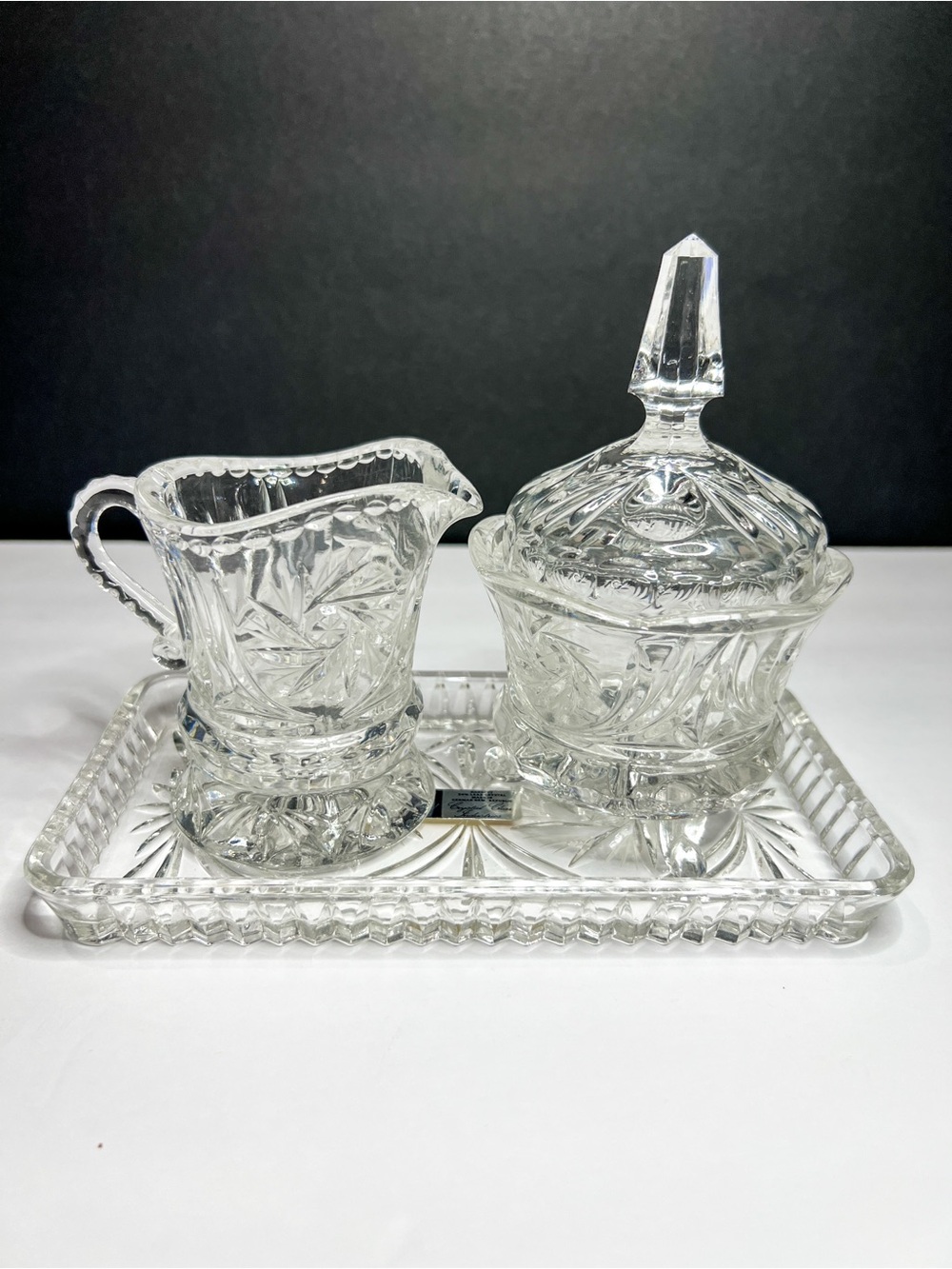 24% Lead Crystal Cream & Sugar Set w Tray Vintage Sabrina Konigstein GDR